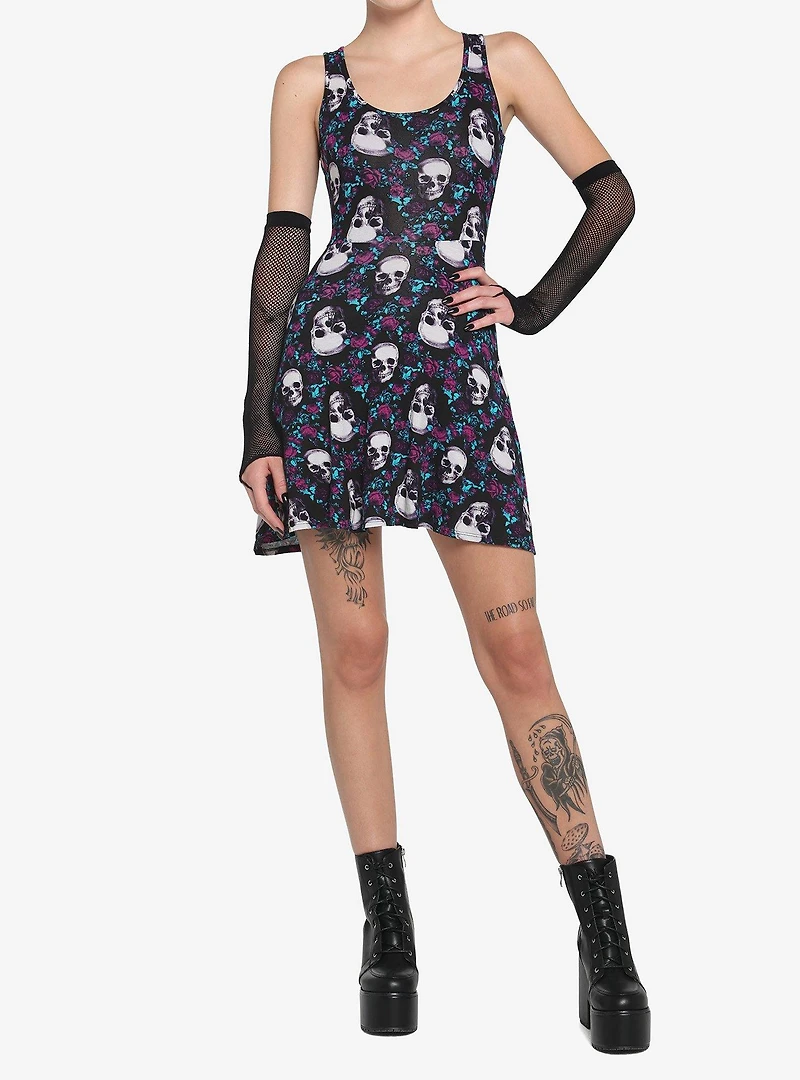 Skulls & Flowers Skater Dress With Lace Back