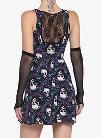 Skulls & Flowers Skater Dress With Lace Back