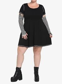 Black & White Contrast Stitch Skater Dress Plus Size With Arm Warmers