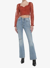 Rust Lace Corset Girls Crop Long-Sleeve Top