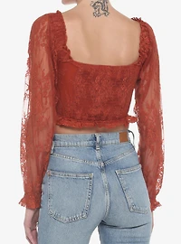 Rust Lace Corset Girls Crop Long-Sleeve Top