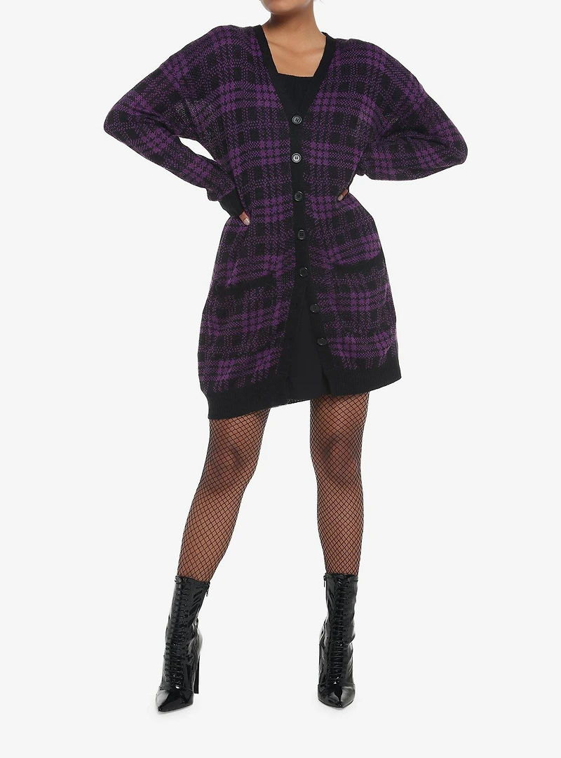Purple & Black Plaid Oversized Girls Cardigan
