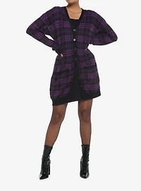 Purple & Black Plaid Oversized Girls Cardigan