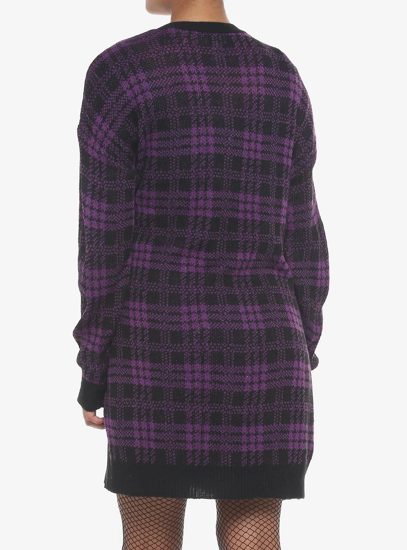 Purple & Black Plaid Oversized Girls Cardigan