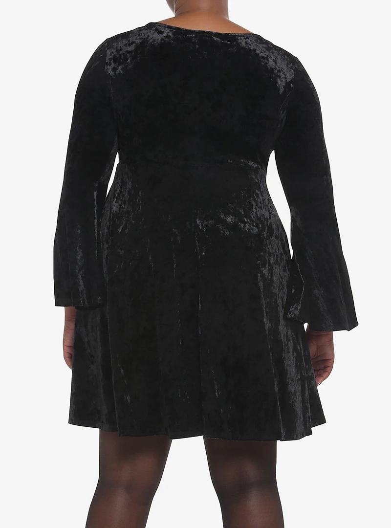 Black Crushed Velvet Bell-Sleeve Mini Dress Plus Size