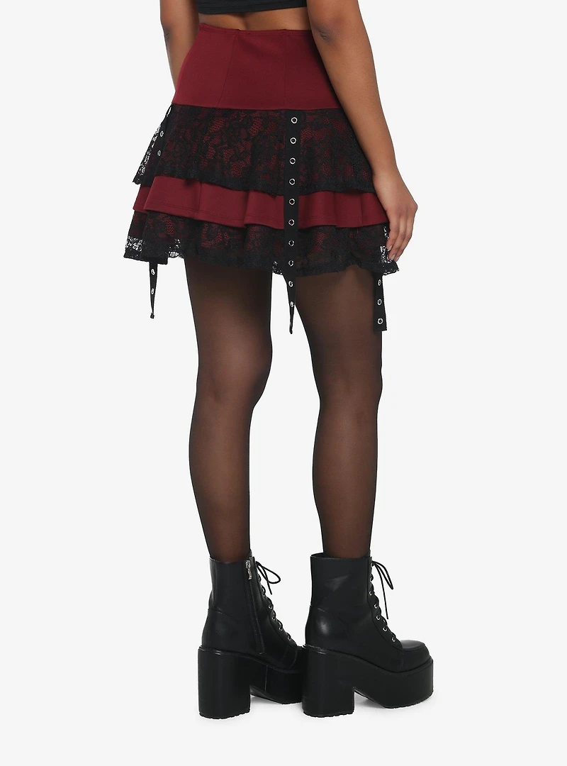 Burgundy Lace & Grommets Tiered Skirt