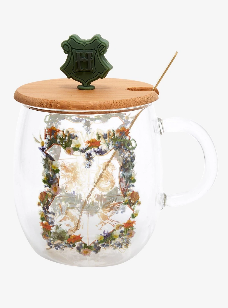 Harry Potter Floral Hogwarts Crest Glass Mug with Lid & Spoon Set