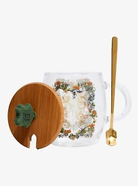 Harry Potter Floral Hogwarts Crest Glass Mug with Lid & Spoon Set