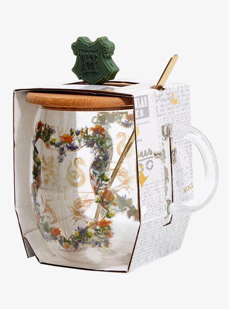 Harry Potter Floral Hogwarts Crest Glass Mug with Lid & Spoon Set