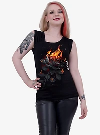 Flaming Rose Gathered Shoulder Slant Black Top