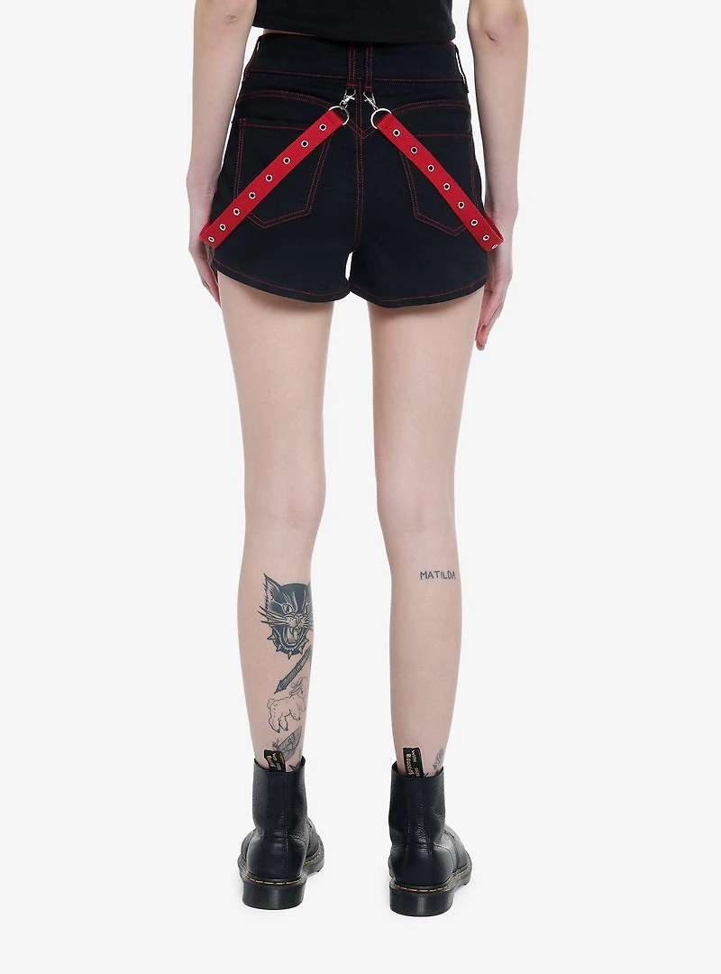 Black & Red Contrast Stitch Suspender Shorts