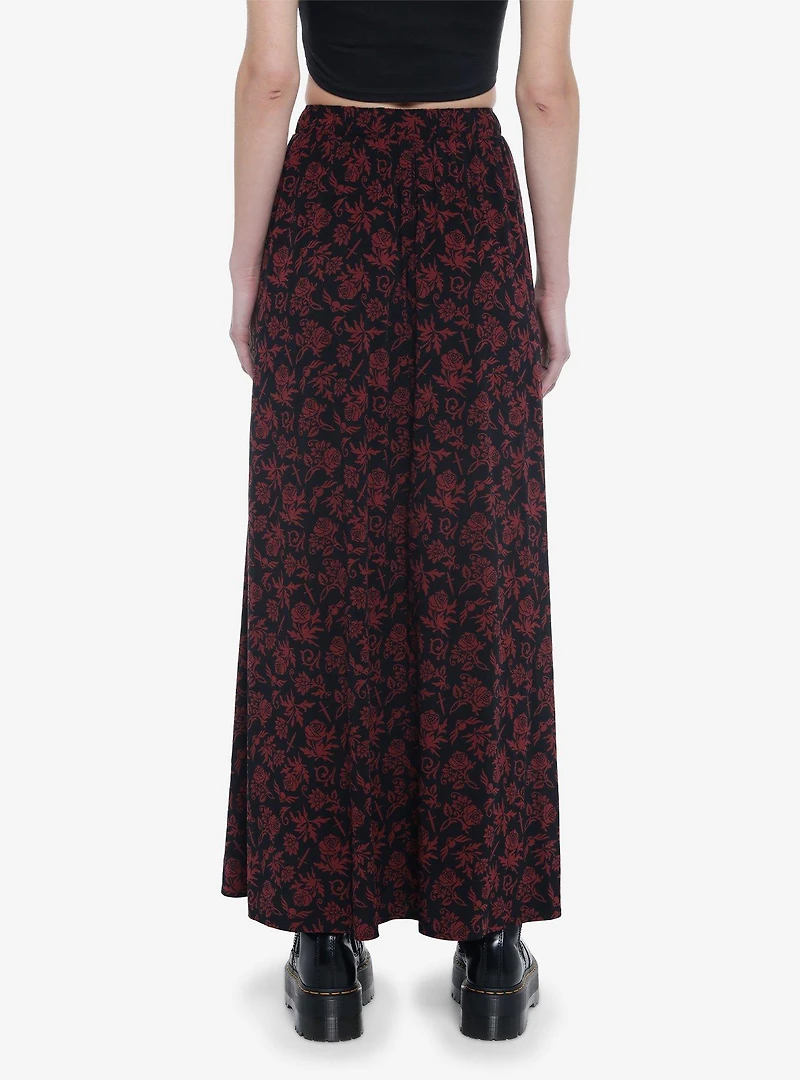 Black & Red Floral Skull Maxi Skirt
