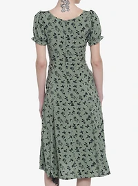 Green Butterfly Mushroom Empire Midi Dress