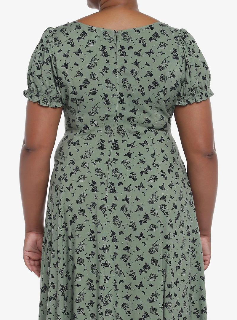 Green Butterfly Mushroom Empire Midi Dress Plus Size