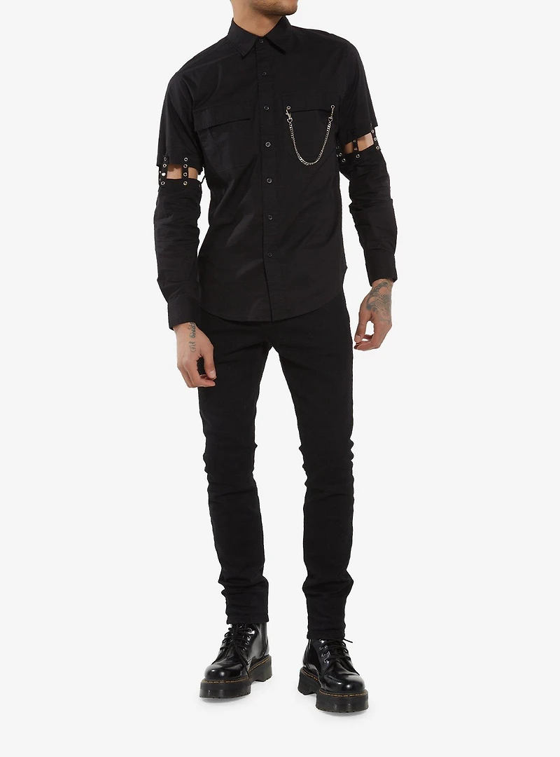 Black Grommet Cutout Straps Long-Sleeve Woven Button-Up