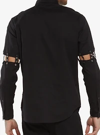 Black Grommet Cutout Straps Long-Sleeve Woven Button-Up