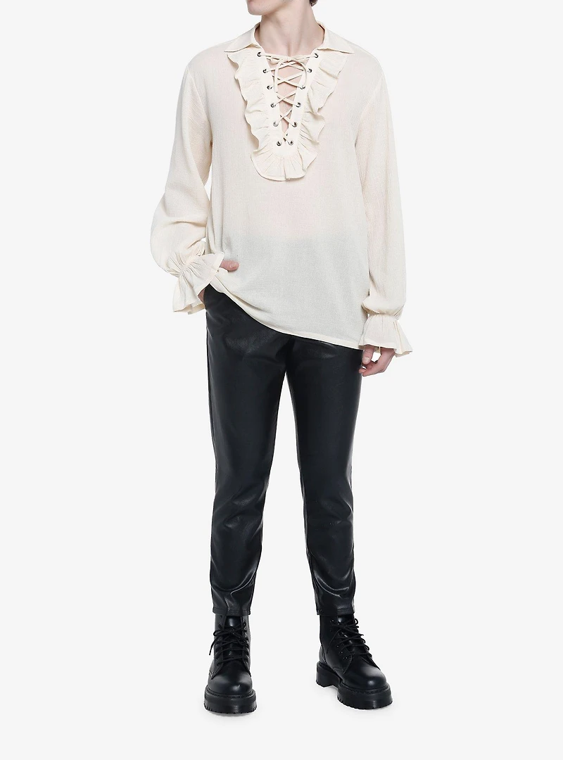 Social Collision Ivory Ruffled Lace-Up Long-Sleeve Woven Top