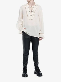 Social Collision Ivory Ruffled Lace-Up Long-Sleeve Woven Top