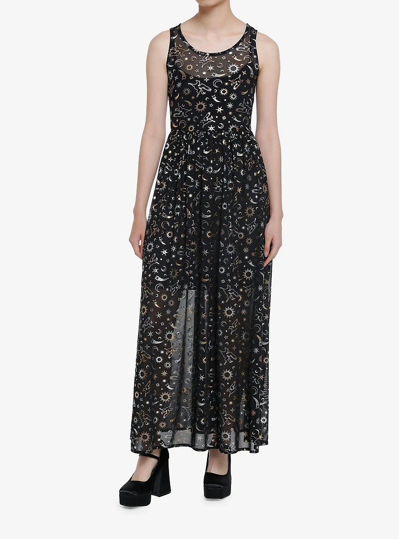 Cosmic Aura Astrology Foil Mesh Maxi Dress