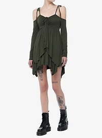 Thorn & Fable Green Hanky Hem Girls Cold Shoulder Dress