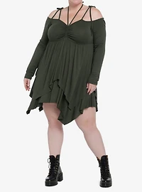 Thorn & Fable Green Hanky Hem Girls Cold Shoulder Dress Plus Size