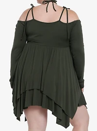 Thorn & Fable Green Hanky Hem Girls Cold Shoulder Dress Plus Size