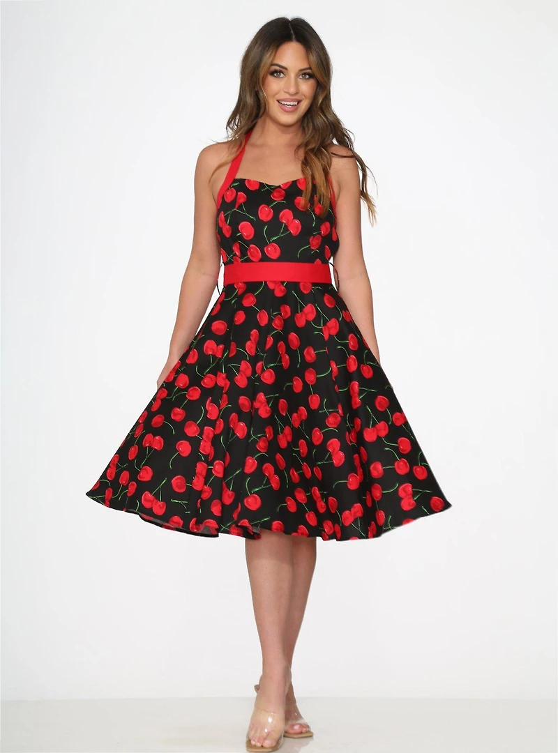 Black Red Cherry Halter Dress