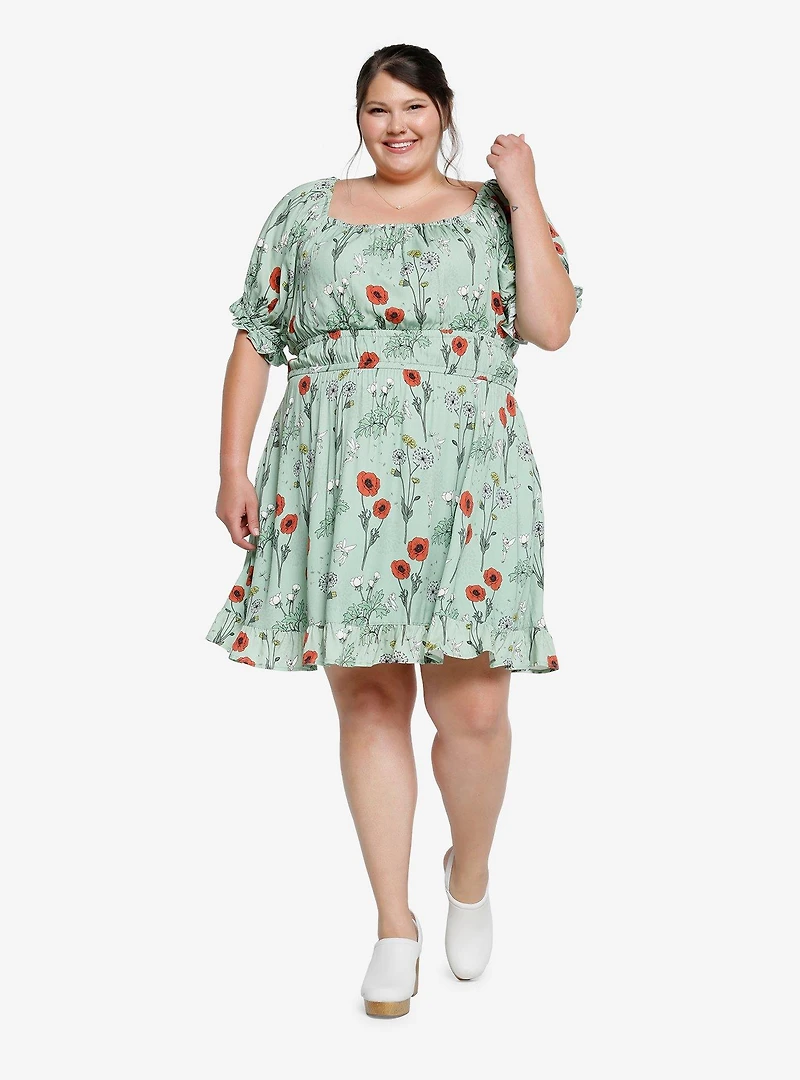 Disney Peter Pan Tinker Bell Floral Allover Print Plus Smock Dress - BoxLunch Exclusive