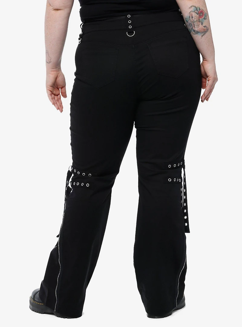 Black Grommet Strap Zipper Flare Pants Plus