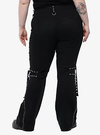 Black Grommet Strap Zipper Flare Pants Plus
