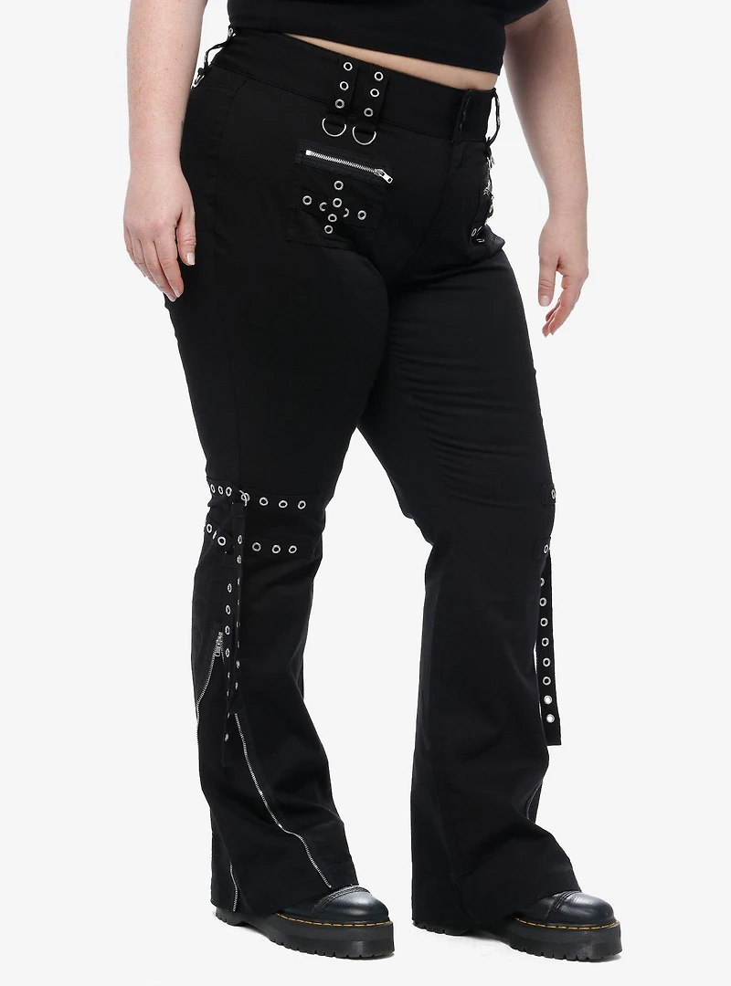 Black Grommet Strap Zipper Flare Pants Plus