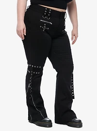 Black Grommet Strap Zipper Flare Pants Plus