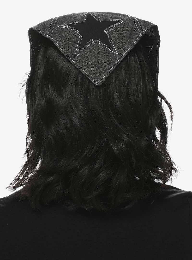 Black Distressed Star Denim Hair Scarf
