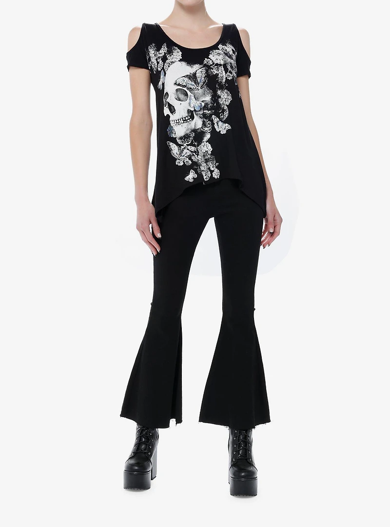 Social Collision Skull Flowers Girls Cold Shoulder Top
