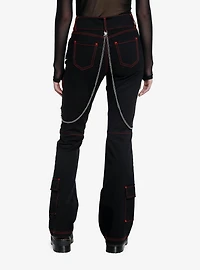 Black & Red Contrast Stitch Strap Flare Pants