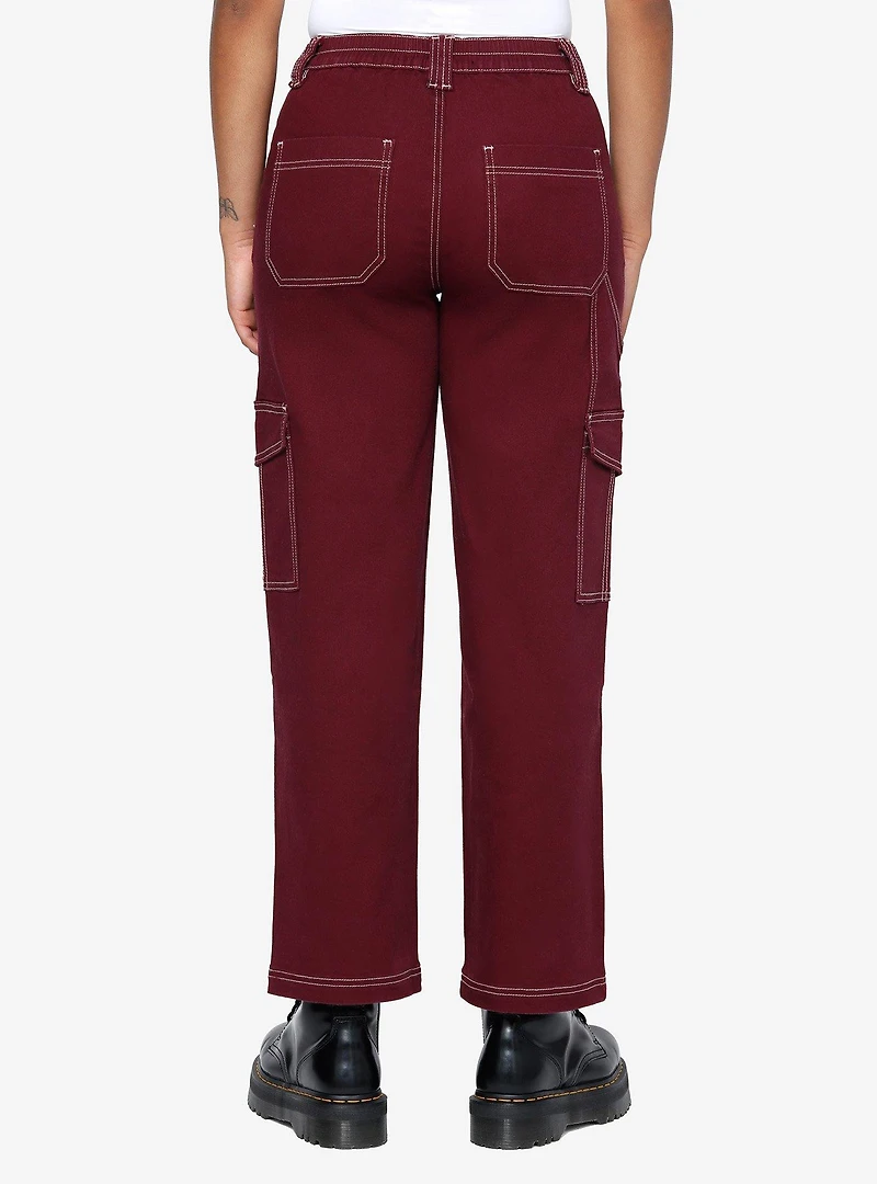 Burgundy Contrast Stitch Girls Cargo Pants