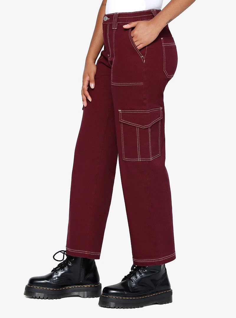 Burgundy Contrast Stitch Girls Cargo Pants