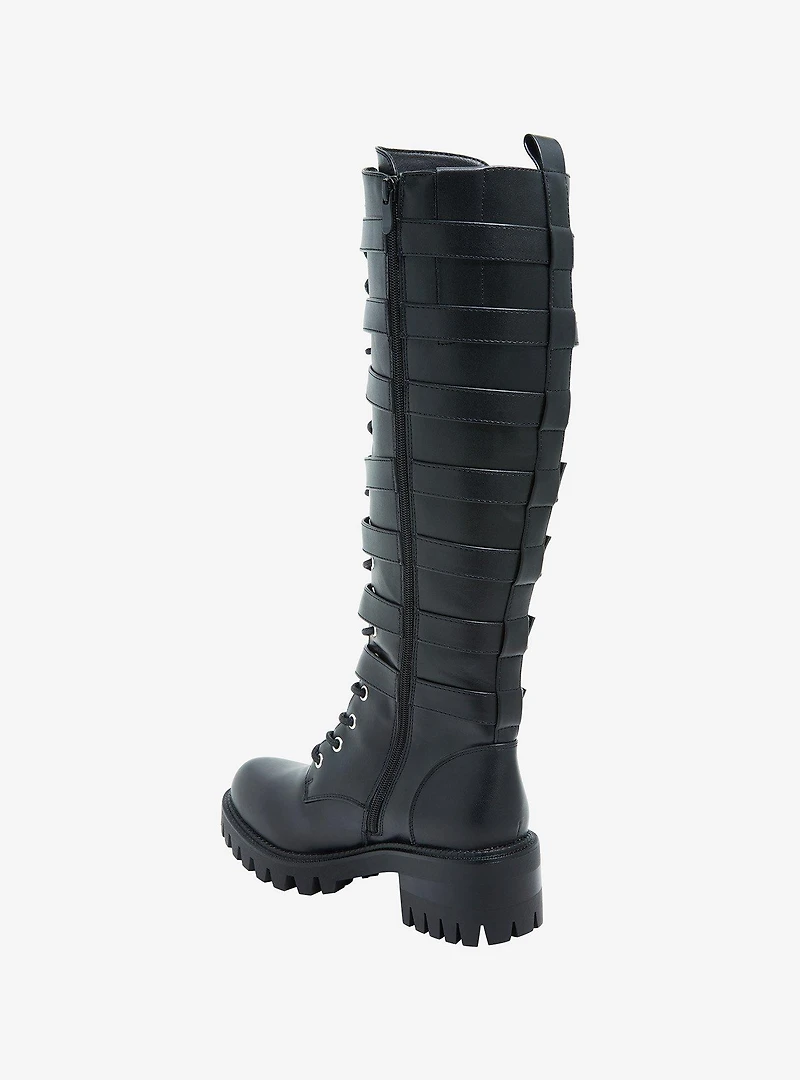 Black Multi-Buckle Knee-High Combat Boots