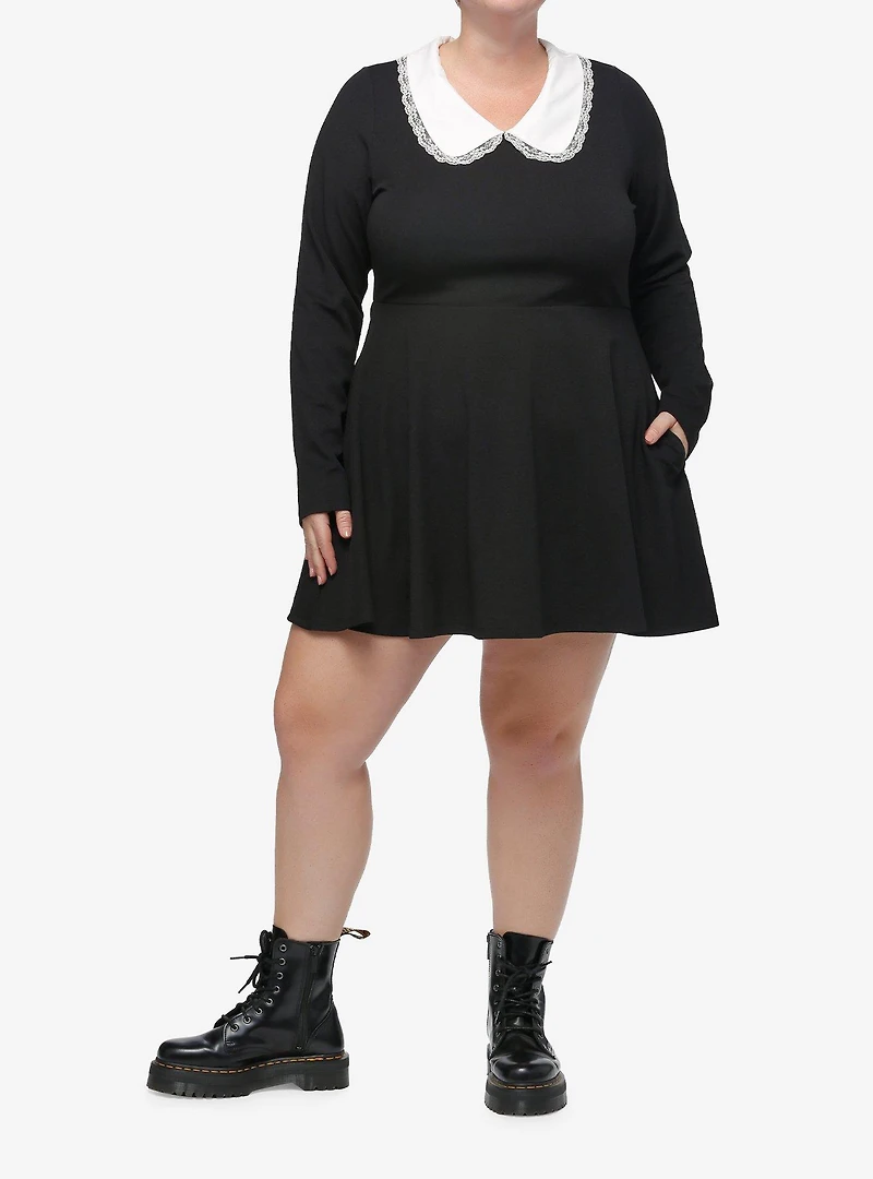 Cosmic Aura Black Peter Pan Collar Long-Sleeve Dress Plus Size