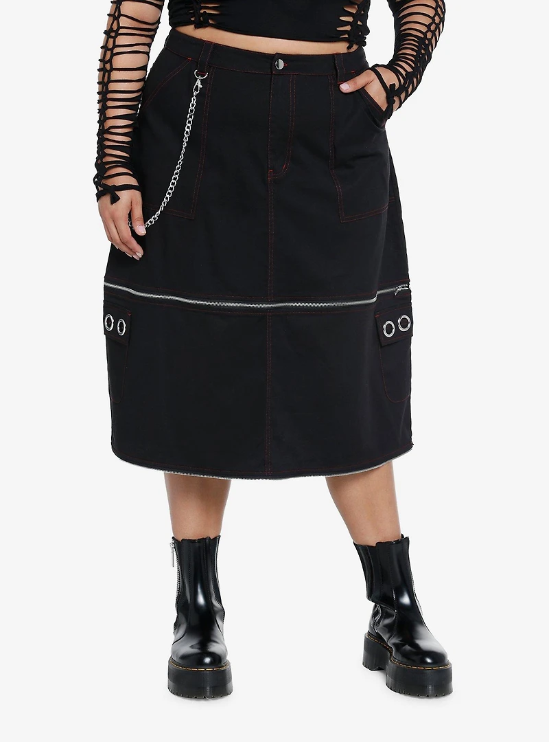 Social Collision Black & Red Contrast Stitch Zip-Off Maxi Skirt Plus Size