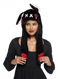 Black Goth Bunny Tassel Fuzzy Beanie