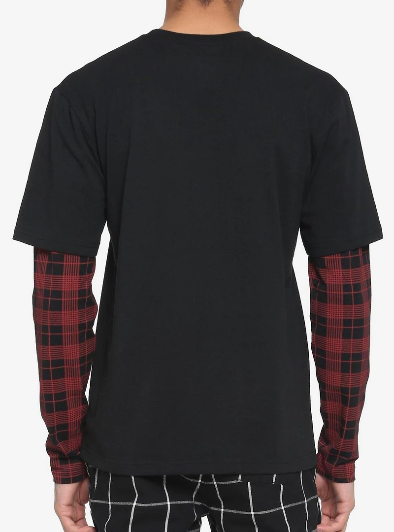 Black & Red Plaid Sleeve Twofer Long-Sleeve T-Shirt