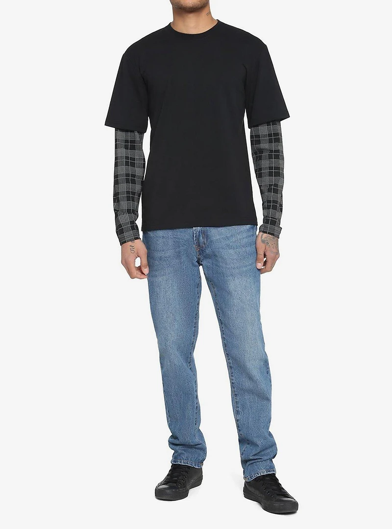 Black & Grey Plaid Sleeve Twofer Long-Sleeve T-Shirt