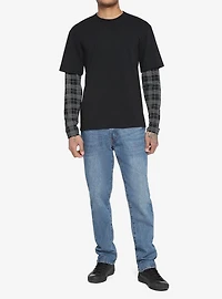Black & Grey Plaid Sleeve Twofer Long-Sleeve T-Shirt
