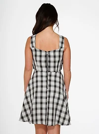 Black White Plaid Lace-Up Dress