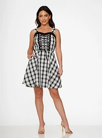 Black White Plaid Lace-Up Dress