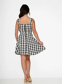 Black White Plaid Lace-Up Dress