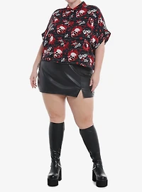 Social Collision Flaming Skulls Allover Print Girls Woven Button-Up Plus Size
