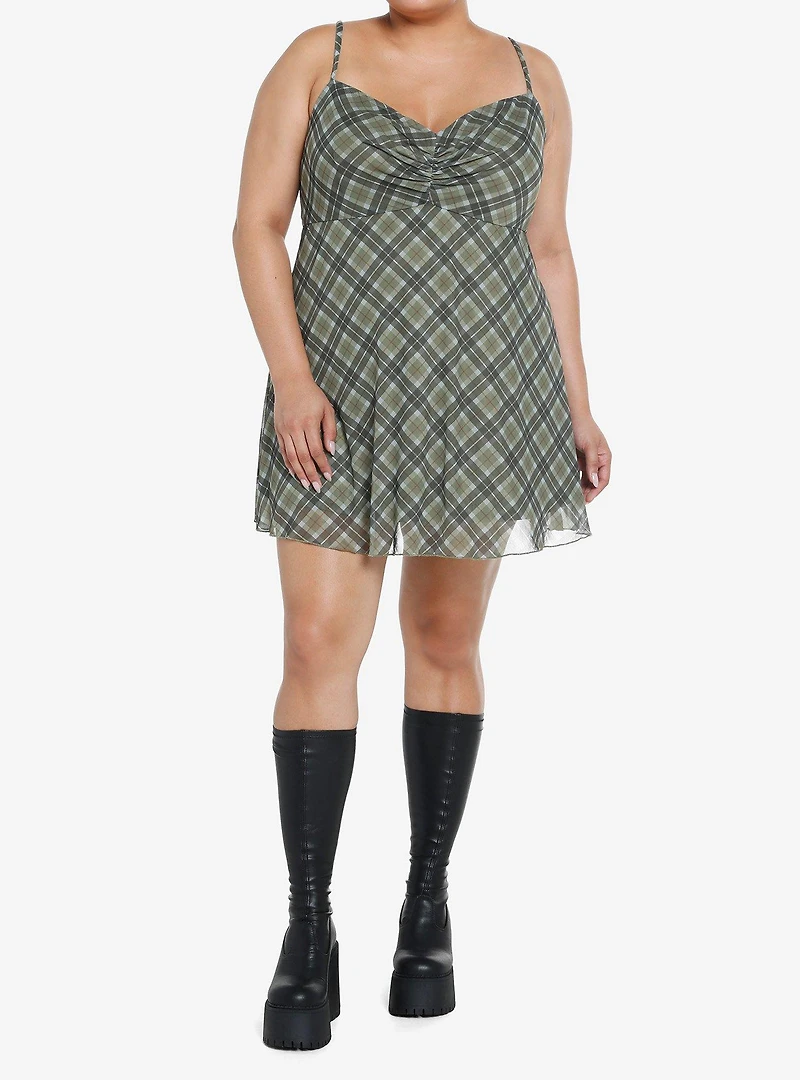 Social Collision Green Plaid Mesh Mini Dress Plus Size