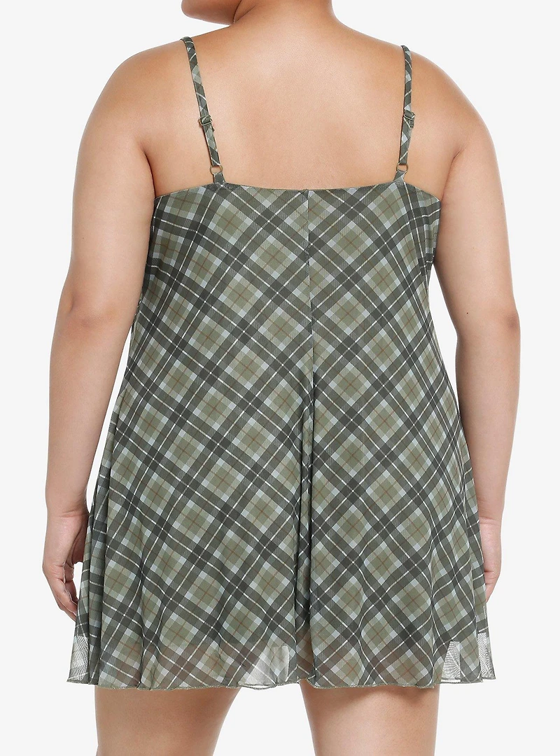 Social Collision Green Plaid Mesh Mini Dress Plus Size
